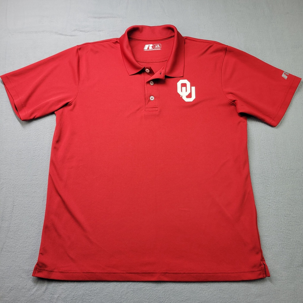 Oklahoma Sooners OU Polo Shirt Men Size L Red Russell Short Sleeve Golf Football